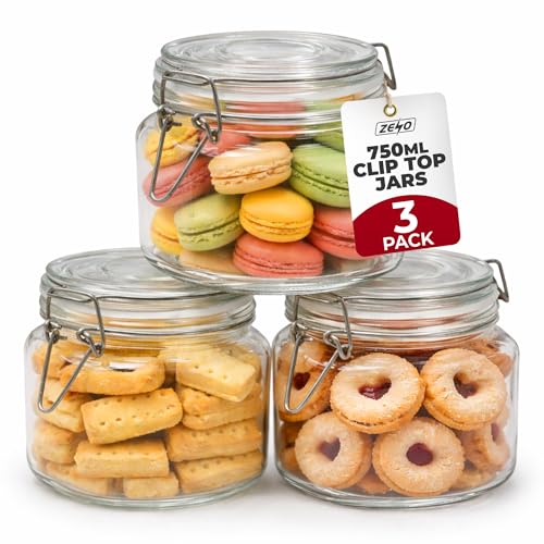 ZENO Airtight Clip Top Glass Jars 750ml Set of 3 | Durable Storage Jars with Lids | Mason Style Jars for Dry Foods Coffee Tea Spices