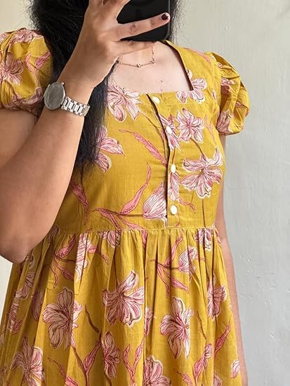 Image of Women's Floral Printed Tiered Midi Dress, Puff Sleeves, Square Neck, Button-Front
