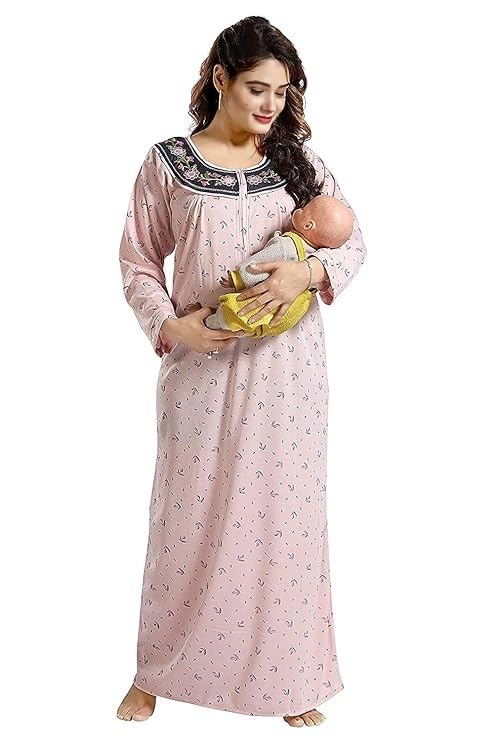 Women's- Full Sleeves-Feeding- Nursing- Maternity Nighty/Maxi/Gown/Nightdress/Nightwear- Hosiery Cotton Fabric- Floral Print- Embroidery with Zip-image-30