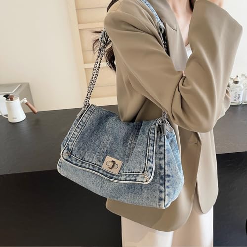 Image of Large Denim Purses for Women Denim Tote Bag Casual Retro Crossbody Lightweight Shoulder Bag Canvas Handbags