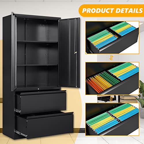 Stani 2 Drawer Lateral File Cabinet, Metal Storage Cabinet With Drawers, Locking File Cabinet With Storage Shelves, Metal Storage Cabinets For Letter/Legal/F4/A4 Size Files (Two Drawer, Black) #TOP3