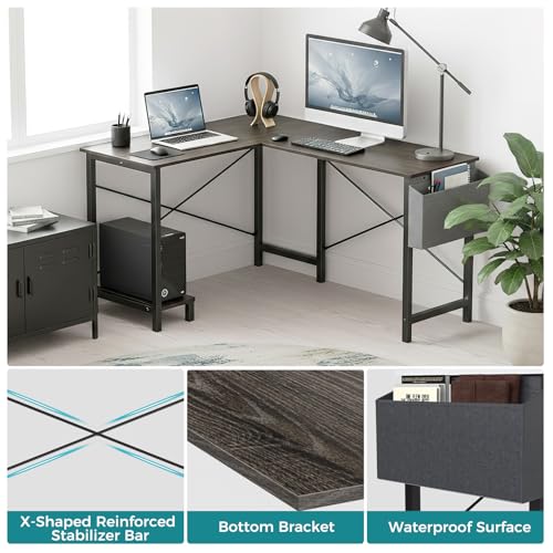 Image of OLIXIS 50-Inch L Shaped Desk, Grey Office Computer Gaming Desk Corner PC Table with Side Bag and Reversible Shelf for Home Work Study Writing, Sturdy Durable Design with Easy Setup