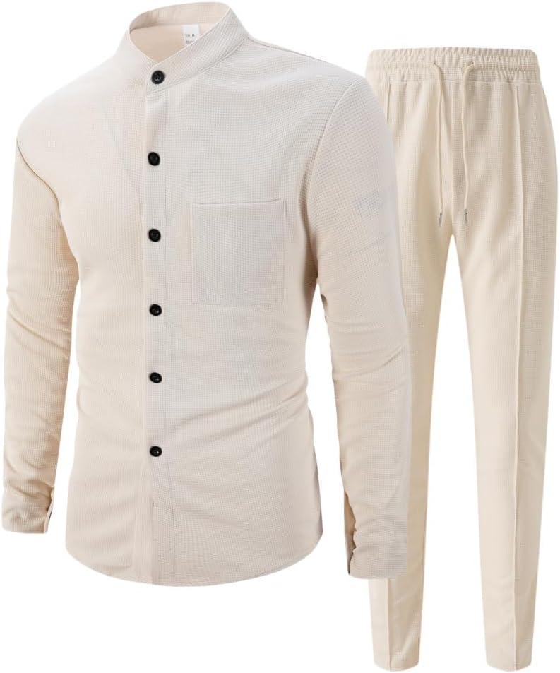 Men’s Casual Waffle Shirt Pants 2-Piece Set Solid Color Stand-Up Collar Button Shirts Joggers Tracksuits Long Sleeve Outfits