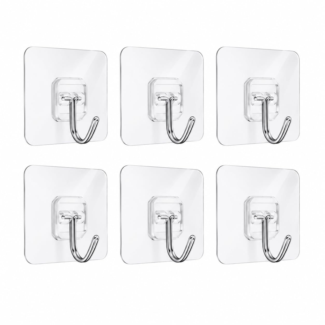 Tivadi Transparent 6 Pack Heavy Duty Adhesive Hooks, Waterproof Wall & Ceiling Hooks, No Drill Reusable Self Adhesive Hooks, Strong Hold Up To 15Kg For Bathroom, Kitchen, Home & Office