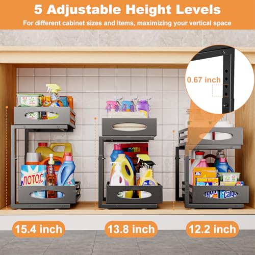 Image of Under Sink Organizer, 2 Tier Under Sink Organizers and Storage, Adjustable Height, Slide out Metal Cabinet Organizers, Pull out Cabinet Storage Drawer Shelf for Kitchen Bathroom (Black, 1 Pack)
