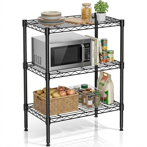 Image of Premium Heavy-Duty 3-Tier Black Metal Wire Storage Rack Shelf Organizer | Adjustable Multipurpose Freestanding Shelving Unit for Home, Office, Kitchen | Size 14 inch D x 24 inch W x 32 inch H Inch