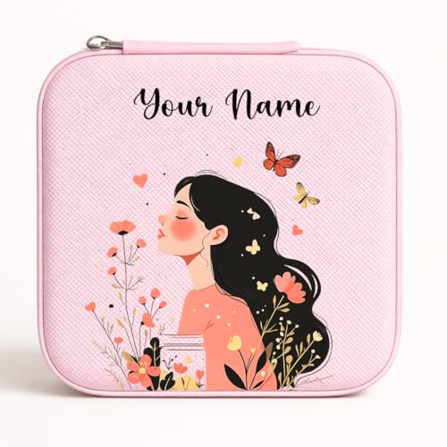 Image of PRIMIT Personalized Jewelry Box with Name & Birth Flower - Custom Travel Jewelry Organizer Case - Bridesmaid, Birthday, Christmas Gift for Women & Girls (Butterfly Pink Girl)