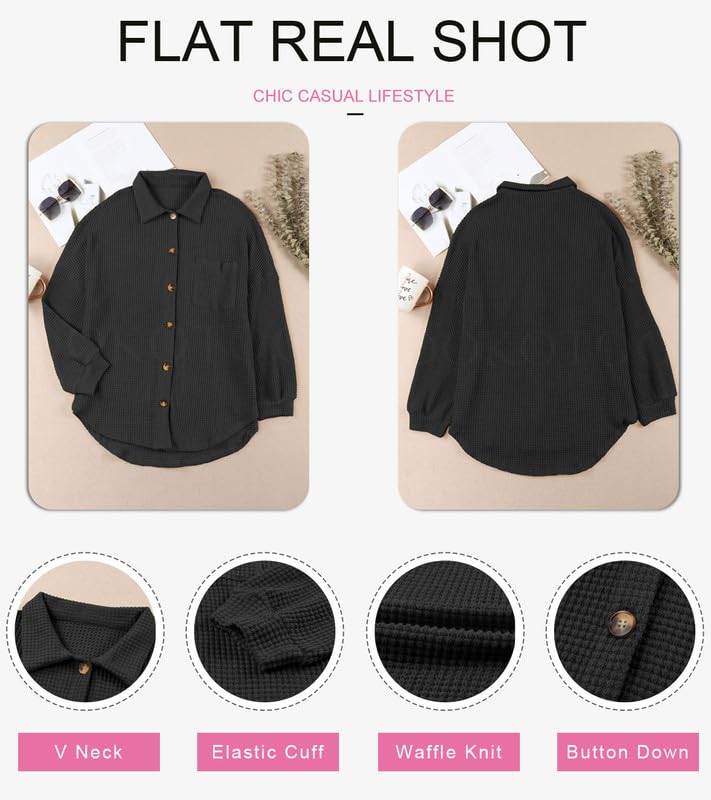 Image of Dokotoo Womens Waffle Knit Shacket Jacket Casual Button Down Shirts Tops | Long Sleeve,Loose Fit,Boyfriend Style,Collared V Neck,Fall Cardiga,Outwear with Pockets