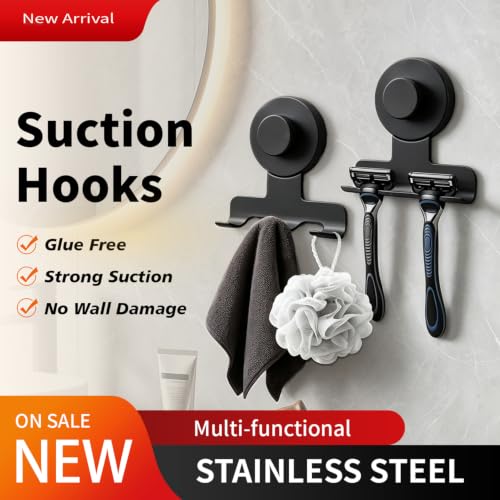 Image of 2026 New Drill-Free Stainless Steel Suction Cup Razor Holder for Shower | Multi-Use | Suction Cup Hooks Razor Holder for Shower, Mirror, Wall, Bathroom, Glass, Hanging Towels - 4 Pack