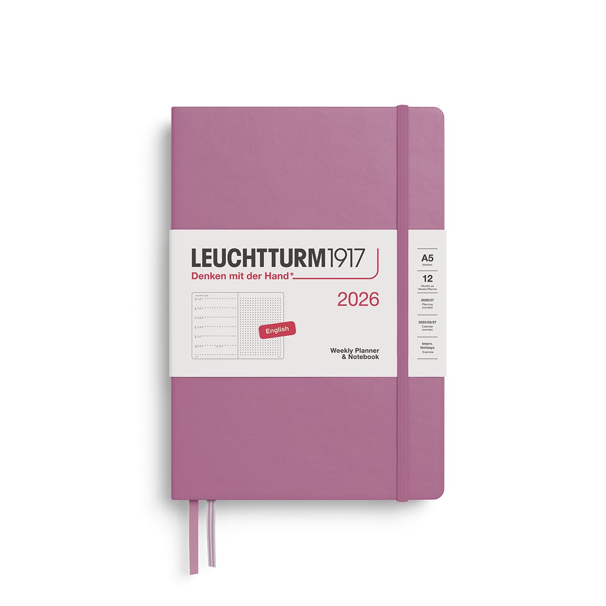 LEUCHTTURM1917 372701 Weekly Planner & Notebook Dotted Medium (A5) 2026, 12 Months, Dusty Rose, English