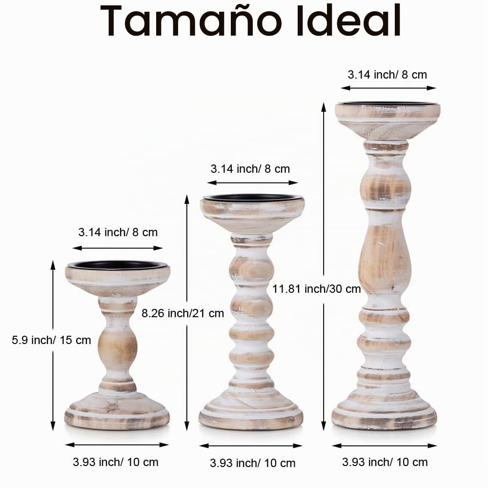 Rustico Portavelas de Columna de Madera, Blanco Decapado | 15/21/30cm, Para Velas de 8cm, Estilo Granja Candelabro Alto para Navidad, Centro de Mesa, Salón, Chimenea, Estantería