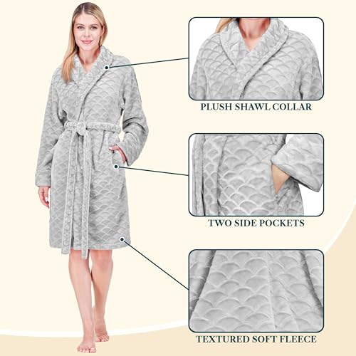 Image of PAVILIA Plush Robe for Women, Soft Fleece Short Bathrobe, Warm Lightweight Knee Length Lounge Robe with Pockets