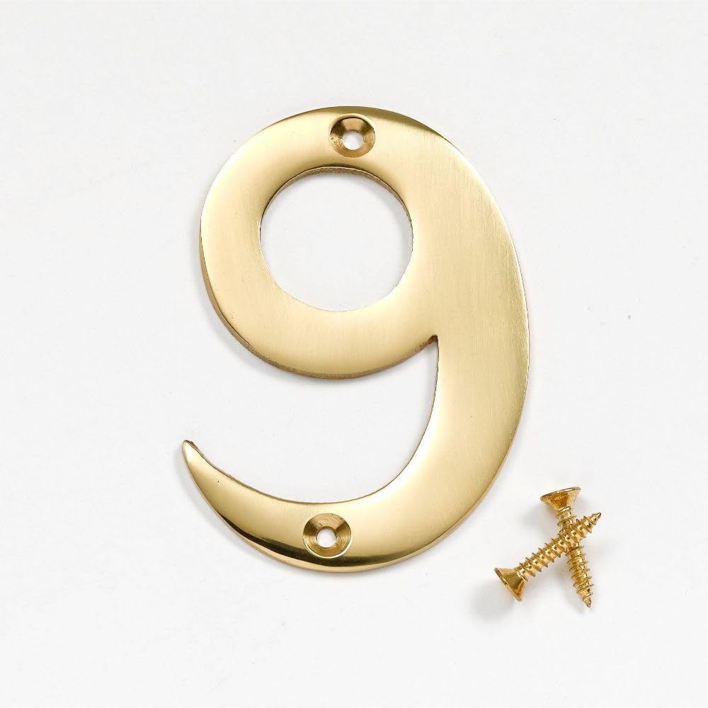 Merriway Solid Brass Bh04235 Polished And Lacquered Screw-On House Flat Gate Post Numeral 75 Mm (3 Inch) Number 9