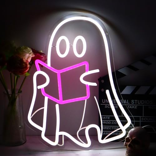 Image of Ghost Reading Book Neon Sign | LED Neon Light, Hanging Design, For Bedroom Home Library Reading Room, Kids Room Store Decor