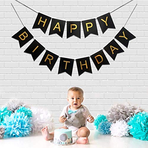 Image of Wanna Party Black Happy Birthday Banner for Boys,Girls,Kids,Husband,Boyfriend with Shiny Gold Letters for Happy Birthday Decorations for All Age Groups