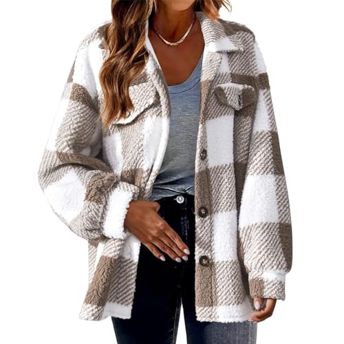 Women Flannel Jacket Plaid Button Down Long Sleeve Fleece Lined Shacket Plus Size Fall Winter Outerwear Coats2