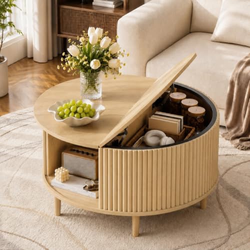 Image of WLIVE 31.5 inch Round Coffee Table with Storage, Natural Oak | with Sliding Cabinet Door, Mid Century Modern Fluted Center Table for Living Room, Small Space. 31.5 inch Dia. x 17.5 inchH