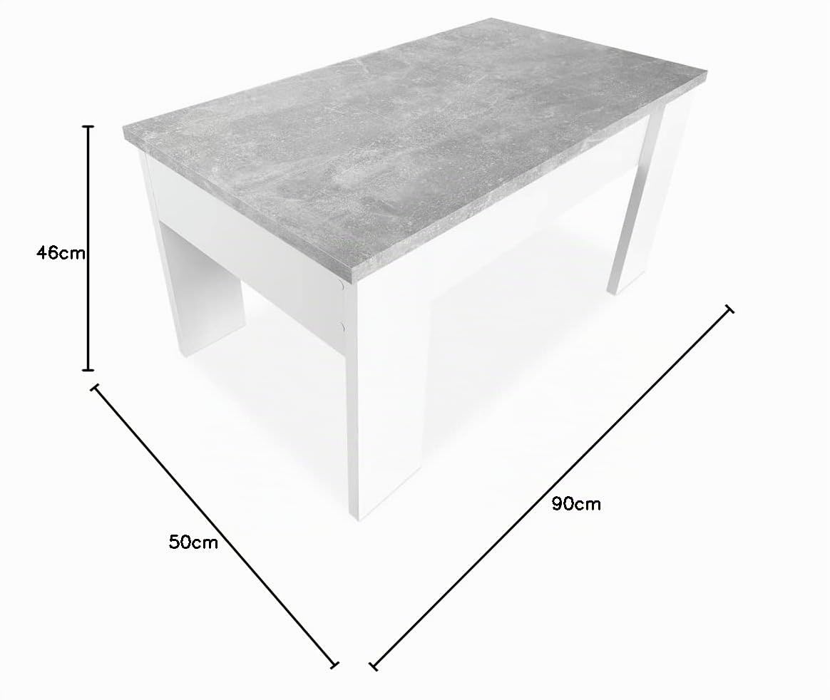 Dreaming Online sollevabile tavolino da Salotto o Sala da Pranzo, Finitura in Colore Bianco con Coperchio Grigio, Misure: 90 cm (Larghezza) x 50 cm x 46-57 cm (Altezza), Legno, 90 x 50 x 46/57 cm