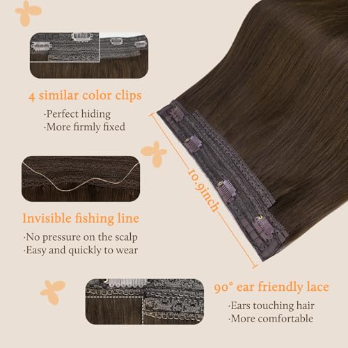 Image of DOORES Wire Hair Extensions Chocolate Brown 20 Inch 110 g Remy Human Wire Hair Extensions Invisible Transparent Line Adjustable Hairpieces Secret Straight