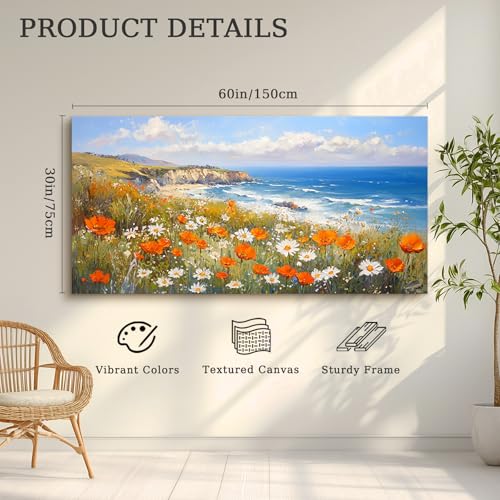 crmotu Coastal Wall Art, Floral Canvas Wall Art, Beach Art Wall Decor, Mountain Landscape Extra Large Artwork, Ocean Scenic Paintings for Living Room Bedroom Art Prints, Office Wall Decor 30x60inch