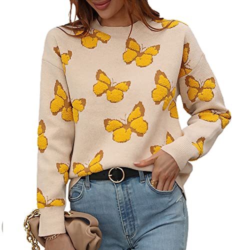Junboon Women'S Crew Neck Long Sleeve Print Sweater Pullover Loose Oversized Knit Jumper Top cover