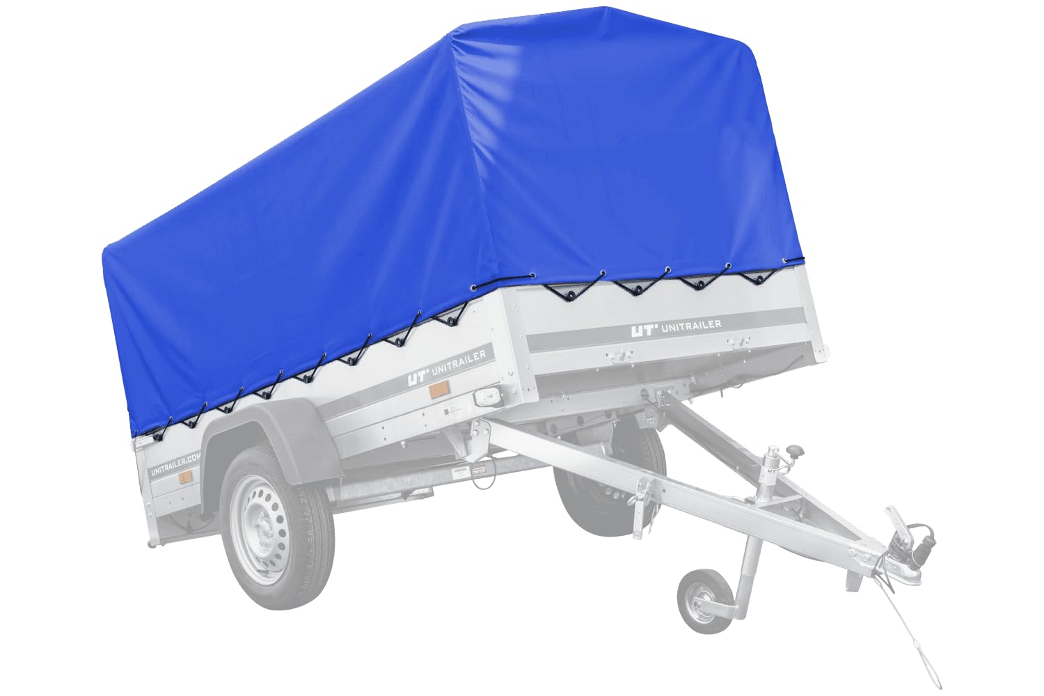 UNITRAILER Lona para Remolque 230x125 cm H80 cm Azul Impermeable con Cuerda elástica, Funda Protectora para Garden Trailer 230 Kipp, Lona de Alta Resistencia con Parte Trasera abatible