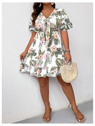 Image of SOLY HUX Women's Plus Size Boho Floral Print Short Sleeve Dress Ruffle Hem V Neck Short Dresses