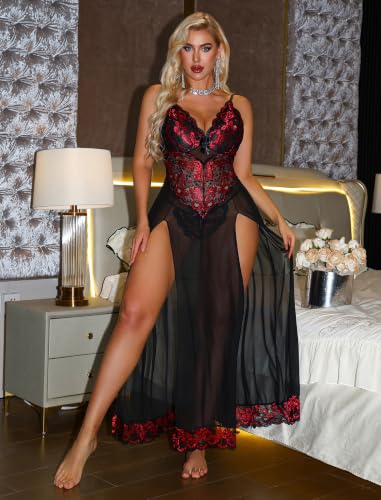 Image of Alrovetoney Plus Size Lingerie For Women Babydoll Sexy Mesh Maxi Nightdress Exotic Sleepwear Side Slits