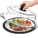 Glass Microwave Splatter Cover for Food with Microwave Place Mat - Sturdy Splatter Guard Lid with Vent Holes and Easy-Grip Silicone Handle - BPA Free, Dishwasher Safe (Black)