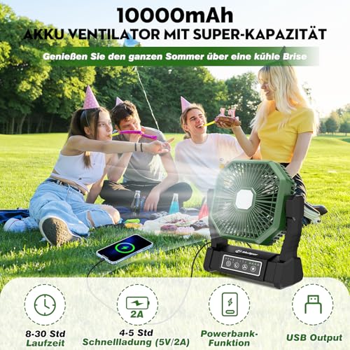 Camping Ventilator mit Akku, Leiser Zelt Ventilator mit LED Licht & Haken, 8-30 Std. Laufzeit, Tragbarer Ventilator mit Powerbank, Timer & Fernbedienung 10000mAh, Ideal für Camping, Outdoor, Wohnmobil 2