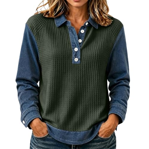 Waffle Tops for Women Jean Patchwork Collared Button Lightweight Shirts - image 1