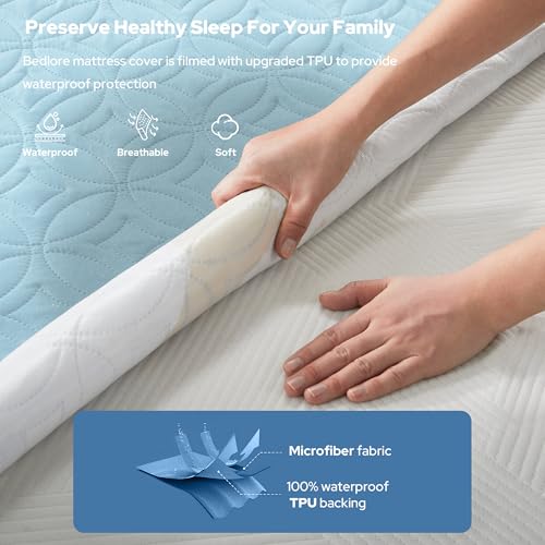 Image of BEDLORE Waterproof Mattress Protector, Cal King Size Mattress Pad with Deep Pocket 6 inch-23 inch Depth, Soft Dirt-Proof Double Bed Mattress Cover for Bedroom, College Dorm, Hotel (Sky Blue)