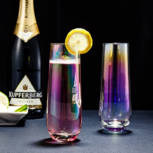Mygift 9 Oz Modern Champagne Flute Set Of 4, Iridescent Sparkling Wine Stemless Glasses, Rainbow Transparent Prosecco Wine Glass, Cocktail Mimosa Glass Set, Holiday New Year Toasting Glass #TOP1