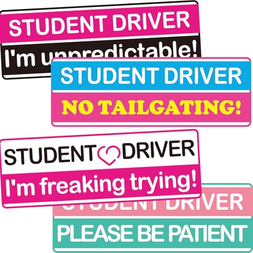 Image of 4-Pack Funny Student Driver Sticker (Non-Magnetic) for Car, Removable New Driver Car Decals for Bumper & Windows, Pink Rookie Safety Attention Sign -Please Be Patient- (Pink Colour Scheme -4 Pack)