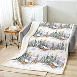 Elk Printed Sherpa Blanket Wild Animal Pattern Fleece Throw Blanket for Sofa Couch Christmas Theme Plush Blanket Winter Nature Tree Deer Room Decor Throw 50'x60'