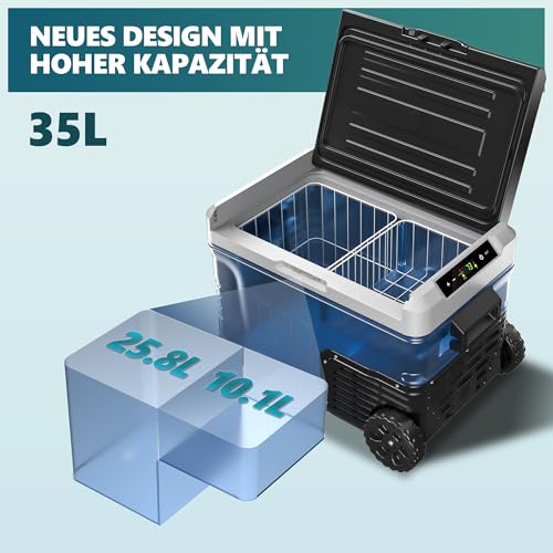 EUHOMY 35L Kompressor Kühlbox, Auto-Kühlschrank mit APP, Tragbarer Gefrierschrank 12V/24V & 220-240V, Kühlschrank -20℃~20℃, Kühlbox mit Rollen & 2 Körben für Reisen, Camping