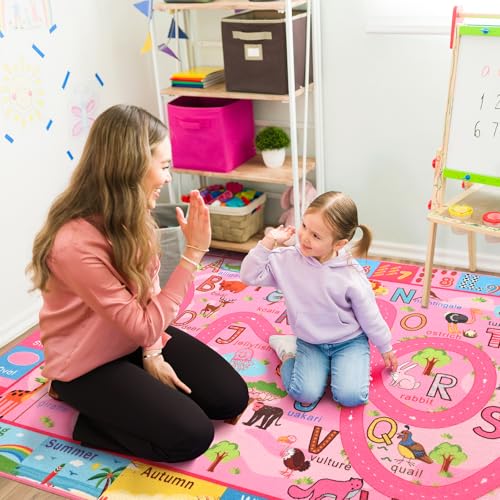 Terrug Kids Rug for Playroom, Educational Classroom Rug for Kids Room, Washable Nursery Rugs Non Slip Playroom Rugs Play Mat for Learning ABC Carpet, Numbers, Animal, Colors, Season, 4X6 Feet, Pink - Image 5