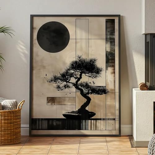 DekoArte – Cuadro decorativo Japandi 60x80 cm | cuadro con marco de madera negro incluido estilo japonés | Equilibrio natural | Hecho en España