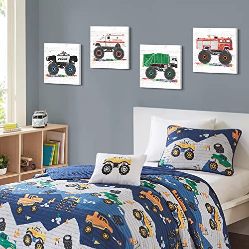 Monster Truck Wall Decor Toddler Room Decor For Boys Construction Car Pictures Kids Wall Art Bedroom Cartoon Firetruck Garbage Police Ambulance Vehicle Canvas Posters Nursery Home Decorations 12×12" 4Pcs #TOP3