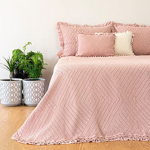 Casa da Laura - Colcha Rosa Palo para Cama 90 - Colcha 180 x 260 cm - Colcha Elegante con Volante - 100% Algodón Prelavado