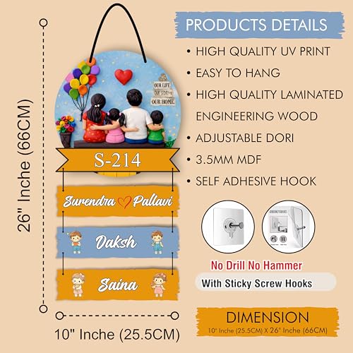 Image of P Arts Personalized Family Name Plate with 3D Illusion UV Print | Customized Wooden MDF Name Board for Indoor Home Entrance | Includes Self-Adhesive Sticky Hook for Easy Installation (Couple + 1 Boy & 1 Girl)