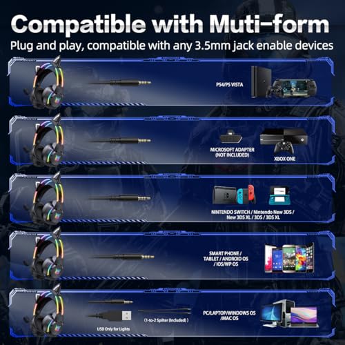 ONITOON Gaming Headset with Microphone, Cat Ears Headphones for PC/PS4/PS5/XBOX/Switch, RGB Backlight & Virtual Surround Sound, Lightweight Over Ear Headphones with Auto-Adjustable Headband - Image 6