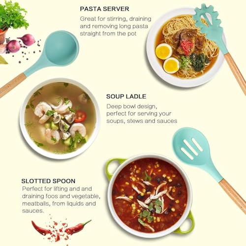 Image of SKYTONE Silicone Kitchen Spatula and Utensils Spoon Set 12-Piece Silicone Kitchen Cooking Utensils Set, Non-Stick Utensils Set Heat Resistant Easy Clean, BPA Free