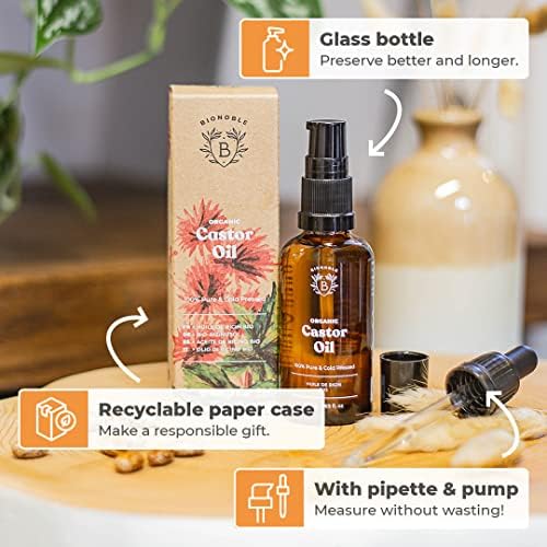 Bionoble Olej rycynowy bio 50 ml  100% czysty, naturalny i tłoczony na zimno  rzęsy, brwi, włosy, broda, paznokcie  wegański i cruelty free  olej rycynowy  butelka szklana + pipeta + pompka
