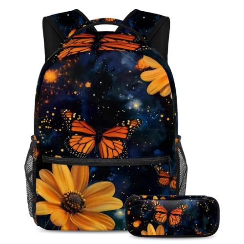 Sac à dos pour garçons et filles avec trousse à crayons fleurs et papillons