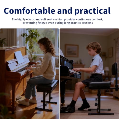 MXQMKL Adjustable Piano Bench with Storage,Guitar Stool with Back Support Music Keyboard Bench with Black Cushion Adjustable Height for Keyboard Stand for Musicians Piano Stool Playing Chair - Thumbnail 5