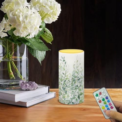 Image of Flameless LED Candle Flickering Wick Electric Candles with Remote Timer Color Changing 5.9 Inches Pillar Candle for Home Table Centerpiece Decoration, Leaf Green White