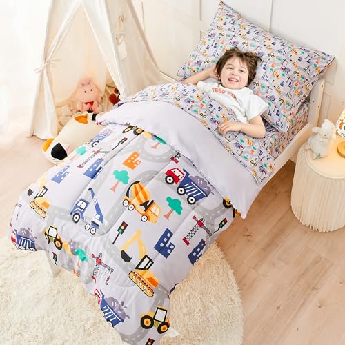 Image of lasoftan Construction Toddler Bedding Set for Boys, 4 Piece Bed-in-a-Bag Toddler Comforter Sets, Excavator, Cars Printed, Super Soft and Comfortable Microfiber Todeeler Bed Set