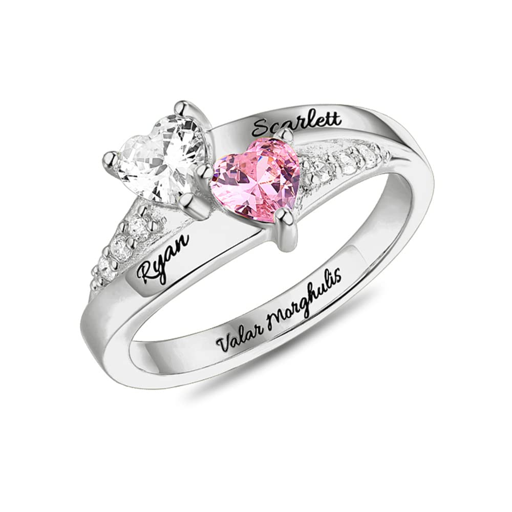 BYFDIY Anillo personalizado para madres con 1-8 piedras natales en forma de corazón de imitación y nombre grabado, anillos de promesa de plata de ley 925, joyería personalizada, anillo de compromiso