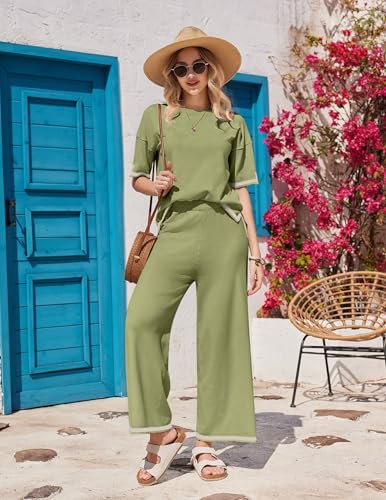 Image of Ekouaer Lounge Set for Women Travel Outfits 2 Piece Sets Short Sleeve Sweater Top Wide Leg Long Pants Loungewear Army Green L